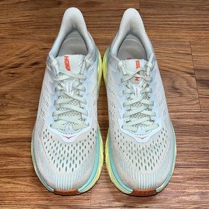 HOKA One One Women's Clifton 7 Running Shoes, Morning Mist/Hot Coral Size 7.5